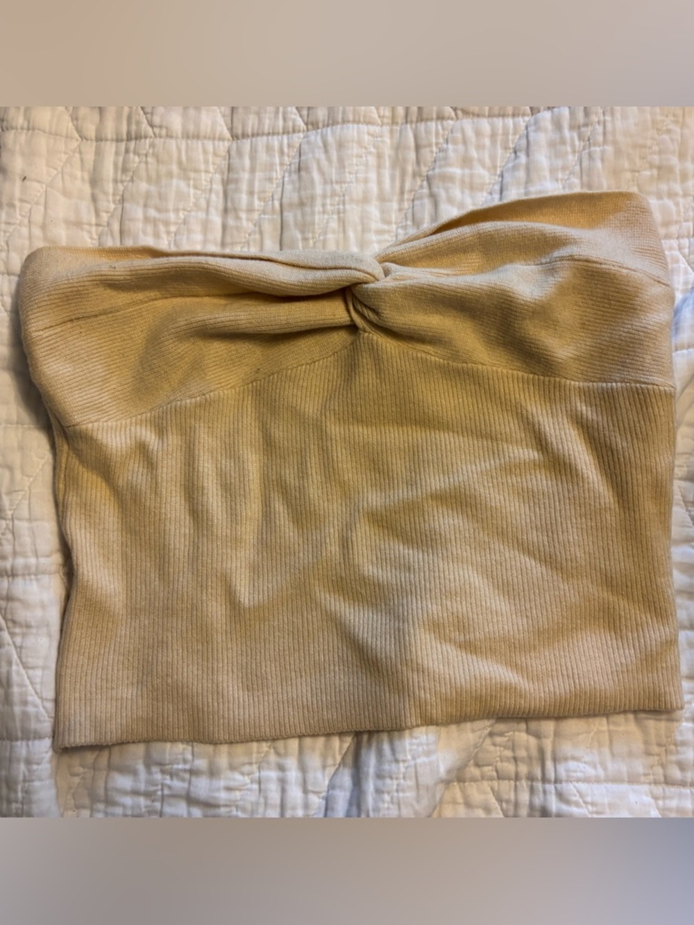 Twist Front Ribbed Knit Bandeau Top - Beige